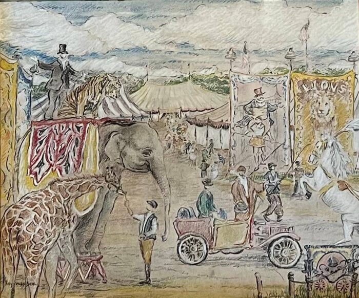 “Circus Scene with Advertisements, Dancer and Camels“