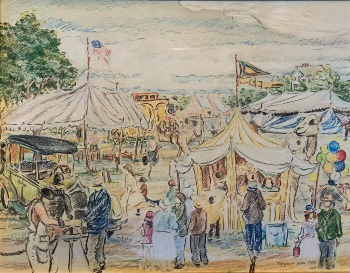 “Circus Scene with Model T and Camel, 1936“